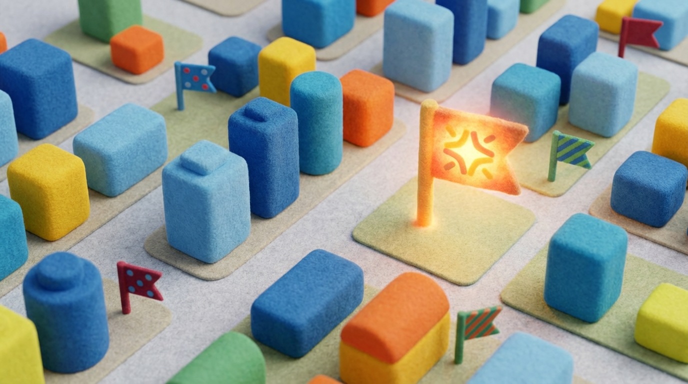 A bird's-eye view of a bustling city map, rendered in a clean, minimalist style. Several prominent points are marked with small, distinct flags. One particular flag, representing the viewer's business, stands out, perhaps slightly larger or glowing softly. Other flags are present but less prominent. The overall impression is one of clear visibility and local prominence within a competitive landscape. Bright, clear color scheme with contrasting markers.