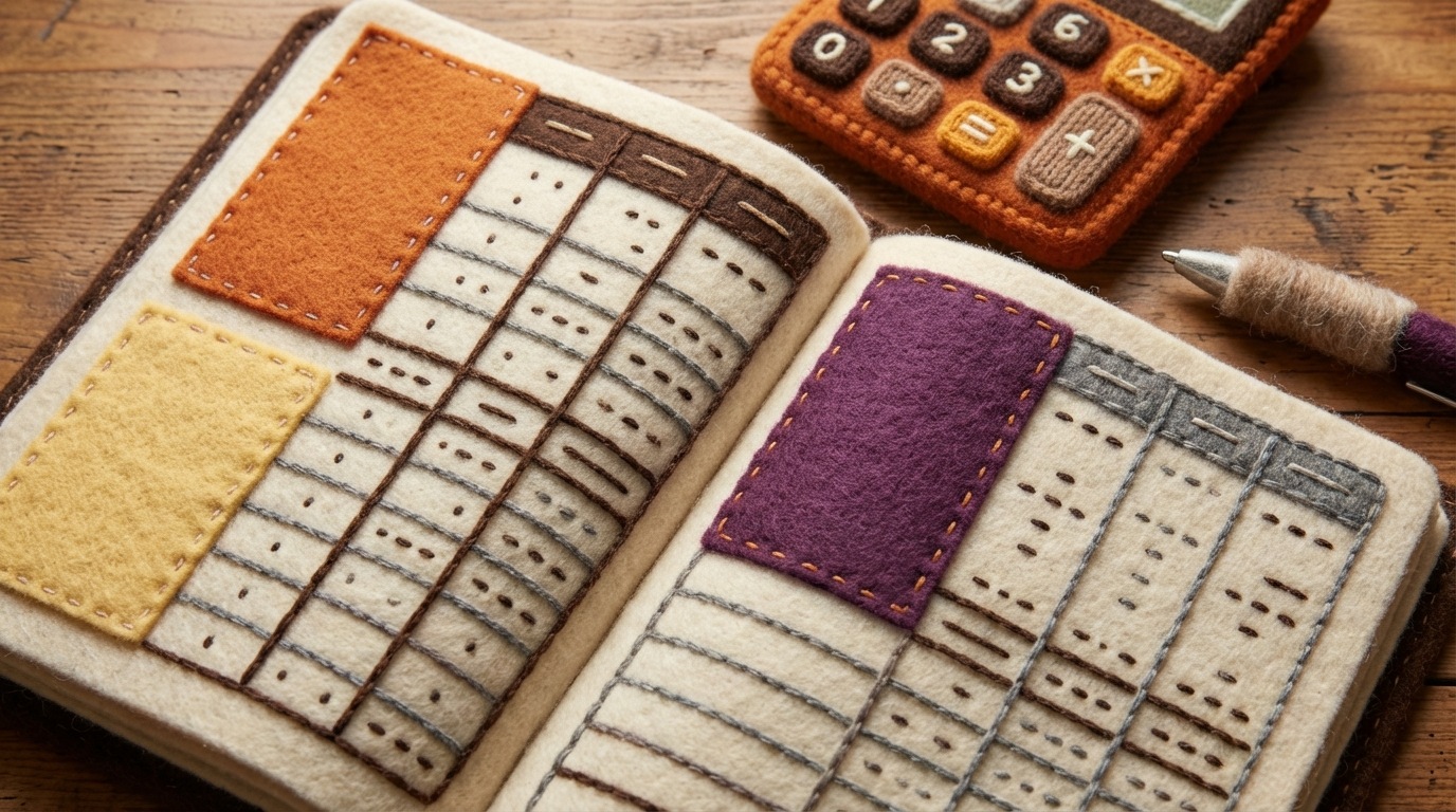 A detailed spreadsheet or ledger, filled with rows and columns of numbers and calculations. Various sections are highlighted with different colors, indicating "Current Costs," "Desired Profit," and "Competitor Pricing." A calculator sits at the top right, with a pen resting beside it. The overall impression is one of meticulous financial planning and precise arithmetic, suggesting accuracy and thoroughness. The color palette is professional, with clean lines and subtle shading.