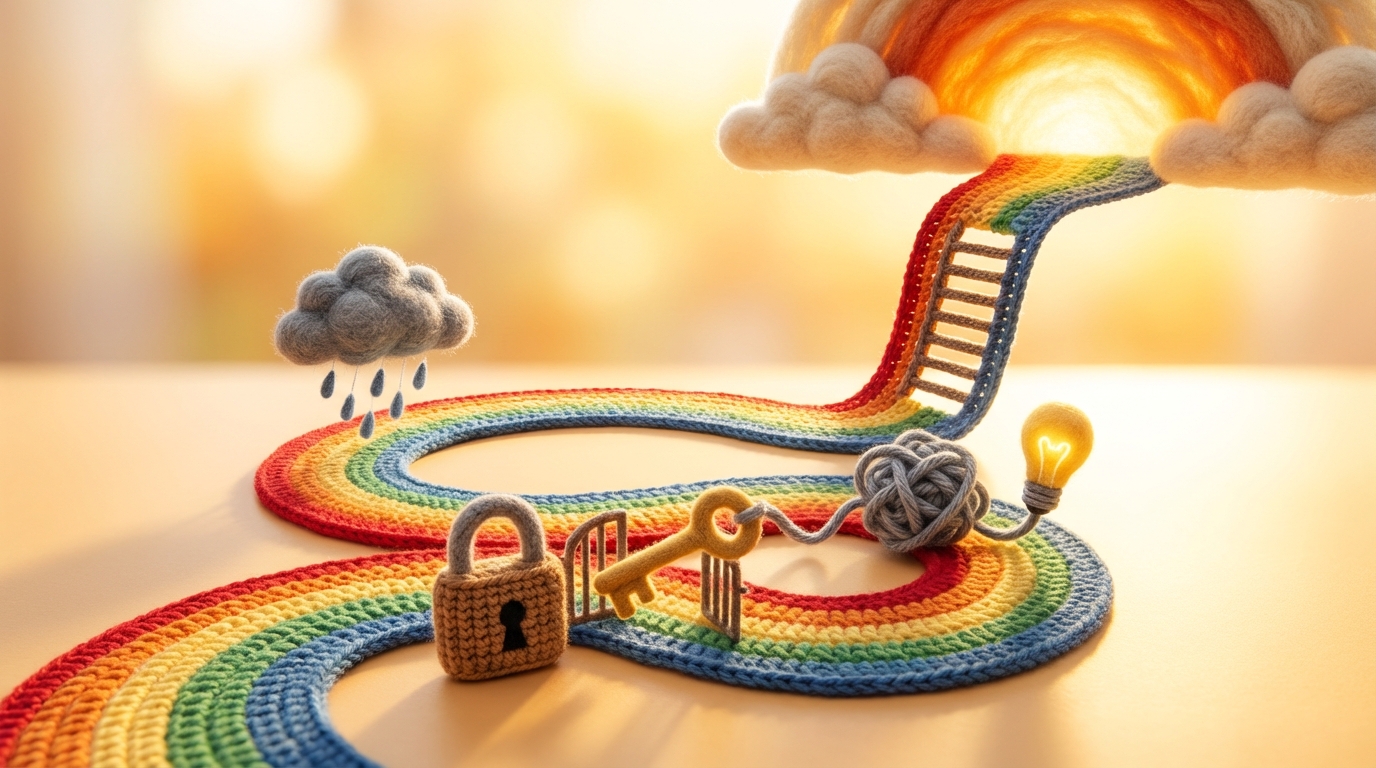 A stylized graph showing an upward trend, but instead of a simple line, the growth is depicted as a winding, colorful path leading to a bright, open horizon. Along the path, small, distinct icons represent different business challenges or opportunities, overcome by creative solutions. The background is a soft, optimistic blend of yellows and oranges, suggesting progress and success. The overall mood is positive and forward-looking.