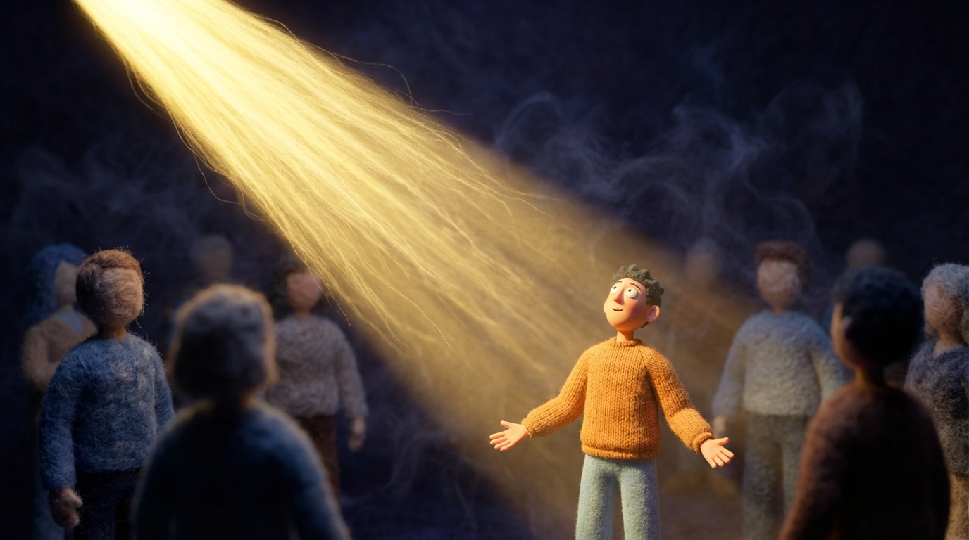 A single, powerful, and highly focused spotlight beam cutting sharply through a dark, slightly smoky space, illuminating a specific, receptive, and clearly defined figure or object in the foreground. Around the spotlight, many blurry, unfocused, and indistinct figures are vaguely visible in the shadows, ignored by the light. The illuminated figure is clearly defined and appears engaged or responsive. This symbolizes precision targeting and efficiently attracting the 'ideal client' while avoiding wasted effort on a broad audience. Dark, mysterious background with a bright, warm, and intense light source.