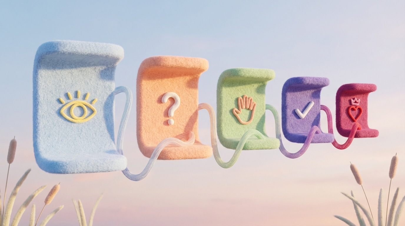 A horizontal sequence of five distinct, interconnected platforms or stepping stones, each representing a stage of the customer journey. The first platform is wide and open, gradually narrowing towards the final, smaller platform. Each platform has a unique, abstract symbol or color that visually implies its stage (e.g., a simple eye for awareness, a question mark for interest, a hand reaching for consideration, a checkmark for purchase). A subtle, flowing line connects these platforms, indicating progression. The overall color palette is a progression from light, airy pastels to richer, more saturated tones, conveying increasing engagement.