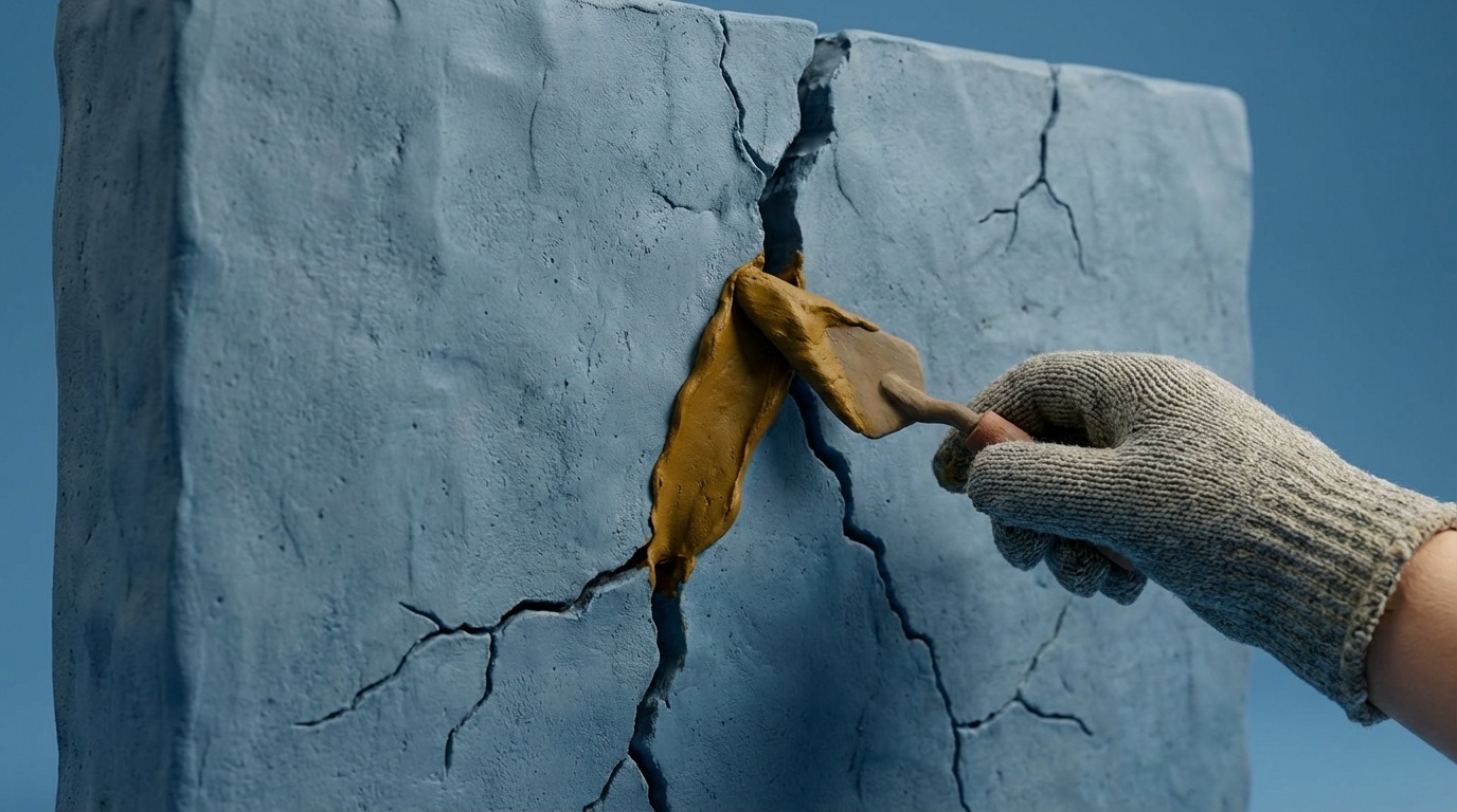 A large, cracked wall with several prominent fissures. A hand is actively applying a patch or sealant to the largest and most critical crack, while other, smaller cracks are still visible but not yet addressed. The scene conveys focused, prioritized action to fix the most impactful problems first. The color scheme is industrial and pragmatic, with the patch material standing out.