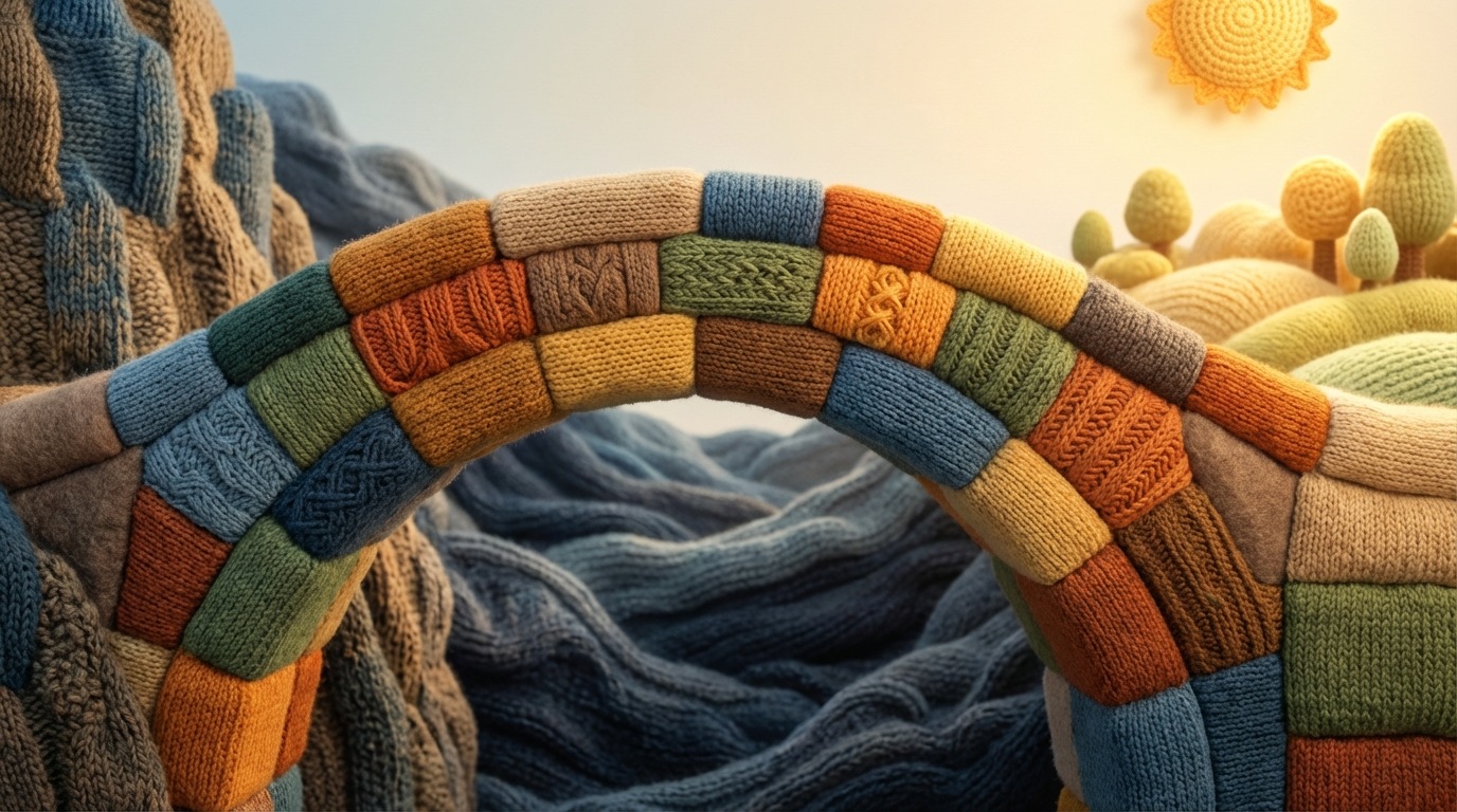 A strong, arching bridge made of interlocking blocks, each block representing a different element of trust: testimonials, case studies, certifications, guarantees. The bridge spans a wide chasm, symbolizing skepticism or doubt, and connects two landmasses. The far landmass is bright and inviting, representing a confident customer decision. The overall scene conveys stability, reliability, and connection, with a warm, reassuring color palette.