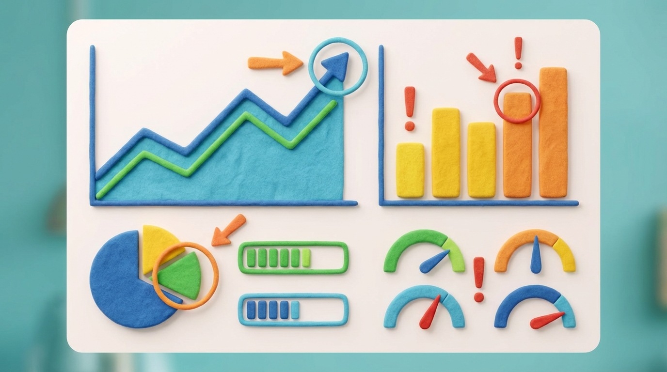 A dashboard with various charts, graphs, and key performance indicators displayed. The visuals should suggest data analysis and insights, possibly with some elements highlighted or annotated to indicate areas of focus or concern. The overall mood is analytical and data-driven. A clean, modern interface design with clear data visualization would be effective.