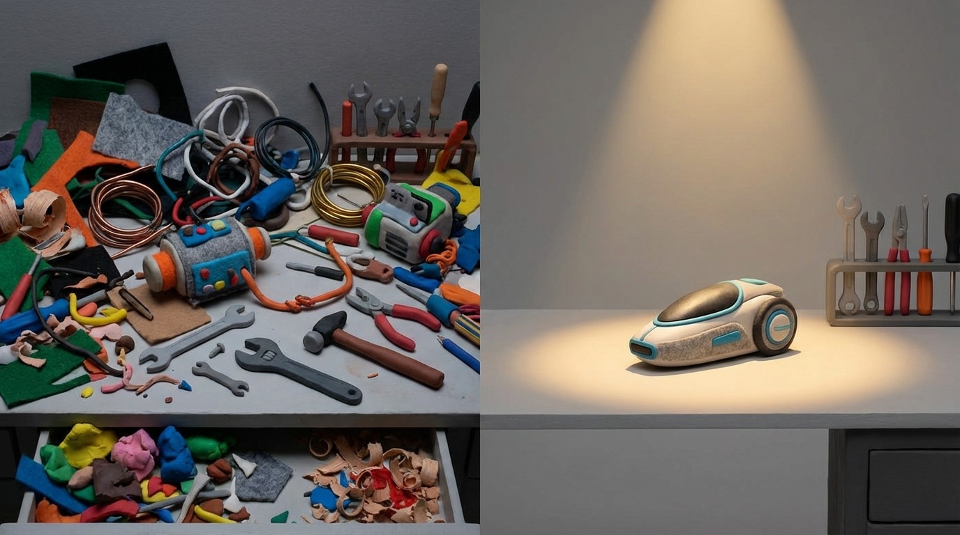 A split composition. The left side shows a cluttered workbench with various tools scattered haphazardly, unfinished projects, and piles of materials, representing a product without a clear direction. The right side depicts a clean, organized workbench with a single, well-crafted prototype in the center, illuminated by a focused spotlight, symbolizing a product with effective marketing. The background is a plain, neutral gray. The mood on the left is chaotic and overwhelming, while the right side conveys order and purpose.