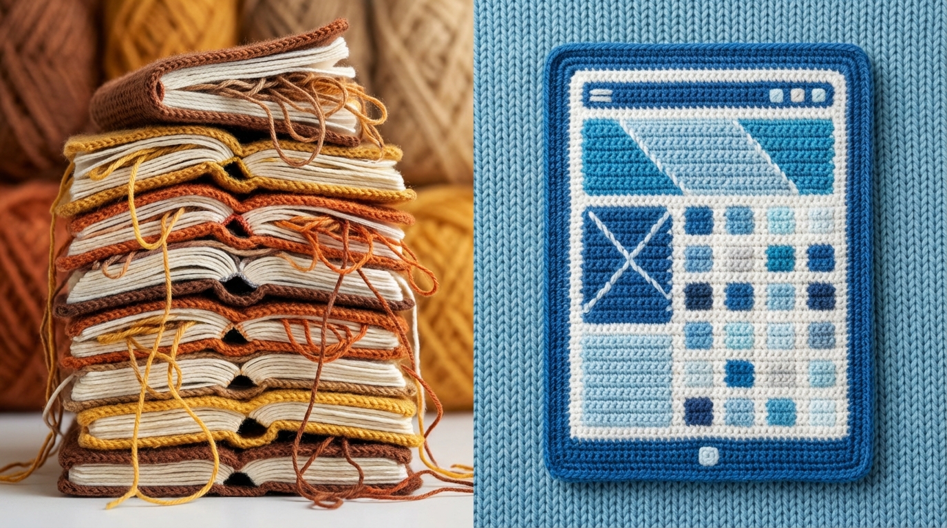 A split composition. On the left, a precarious, teetering tower of open, overflowing notebooks, each with handwritten notes spilling out, suggesting an unmanageable volume of manual data. On the right, a sleek, minimalist digital tablet displaying a clean, organized interface with neatly structured client data and a clear overview. The left side has warm, chaotic tones, while the right side features cool, calming blues and whites, symbolizing the shift from analog chaos to digital order. Side-by-side comparison.