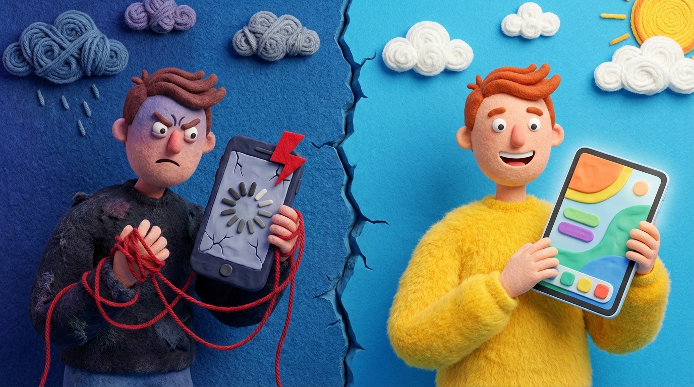 A split screen illustrating contrasting user experiences. On the left, a frustrated, stylized user character attempts to navigate a sluggish, unresponsive website on a mobile phone, with a loading spinner prominently displayed and an error message partially visible. On the right, the same user character is smiling and easily interacting with a fluid, fast-loading website on a tablet. The left side uses dark, agitated colors, while the right side is bright and smooth. The composition highlights the emotional impact of good versus bad UX.