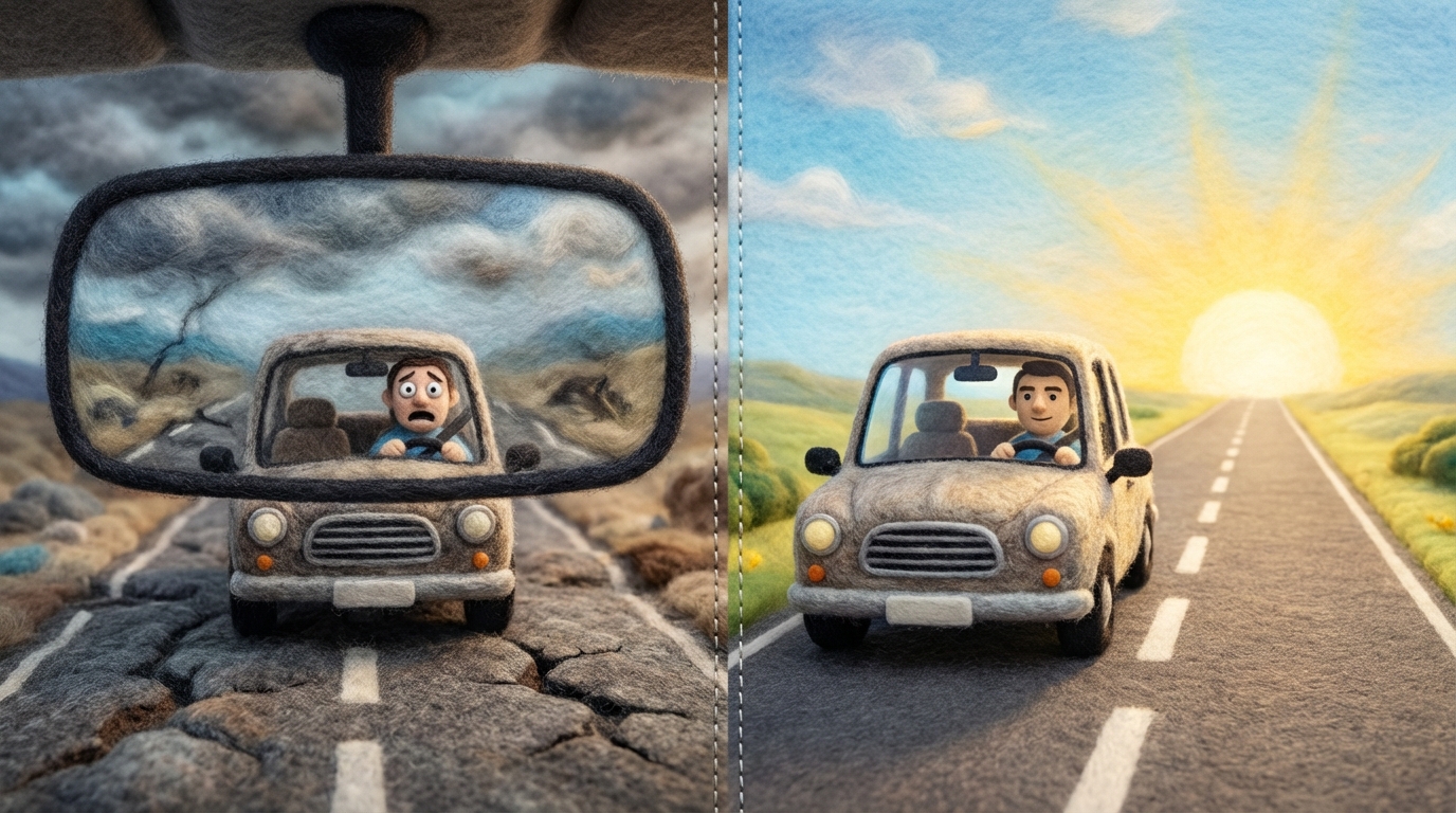 A split image, showing a road. On the left, a car is driving with its rearview mirror significantly magnified, showing only what's behind, with the road ahead obscured and bumpy. On the right, a different car is driving with a clear, wide-angle view of the road ahead, which is smooth and leads to a bright horizon. The left side has a slightly chaotic, dark mood, while the right side is clear and proactive.