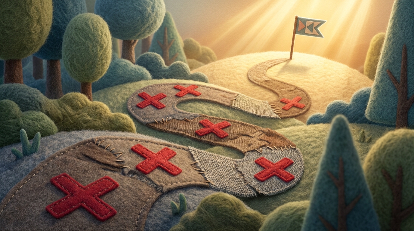 A striking illustration of a winding, uneven path with several distinct 