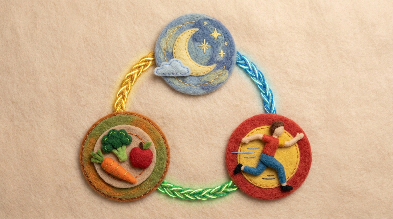 Three distinct, interconnected circles, forming a balanced triangle. Each circle contains a clear, minimalist icon: one with a peaceful moon and stars (representing sleep), another with a balanced plate of healthy food (representing nutrition), and a third with a dynamic figure in motion (representing physical activity). The circles are linked by subtle, glowing lines, showing their synergy and interdependence. The background is soft and harmonious, suggesting overall well-being and stability.