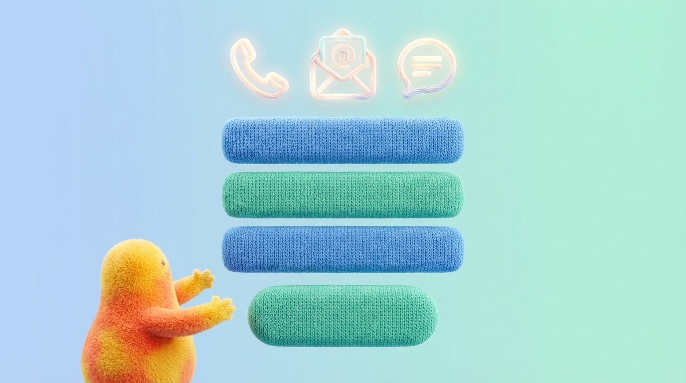 A stylized, clean contact form with clearly labeled fields and a prominent "Send Message" button. Around the form, various contact icons are arranged (phone, email, chat bubble), all glowing softly, indicating easy accessibility. A small, abstract figure is reaching out towards the form. The composition emphasizes ease of connection. Bright, inviting blue and green color palette.