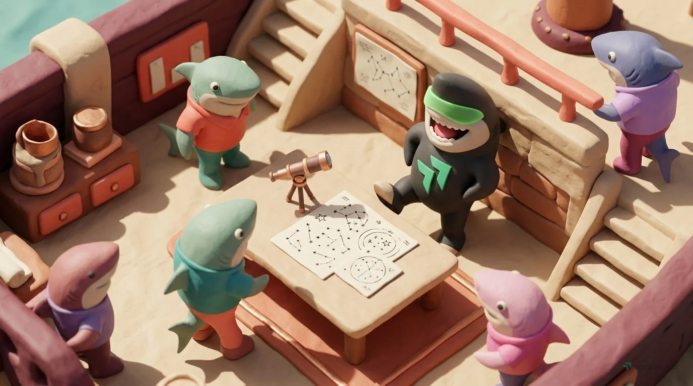 A 3D clay miniature scene set in sunken ship transformed into a cozy office. On a clay surface: a clay telescope and star charts. Visible clay grain texture, matte finish, soft shadows. Coral and teal
