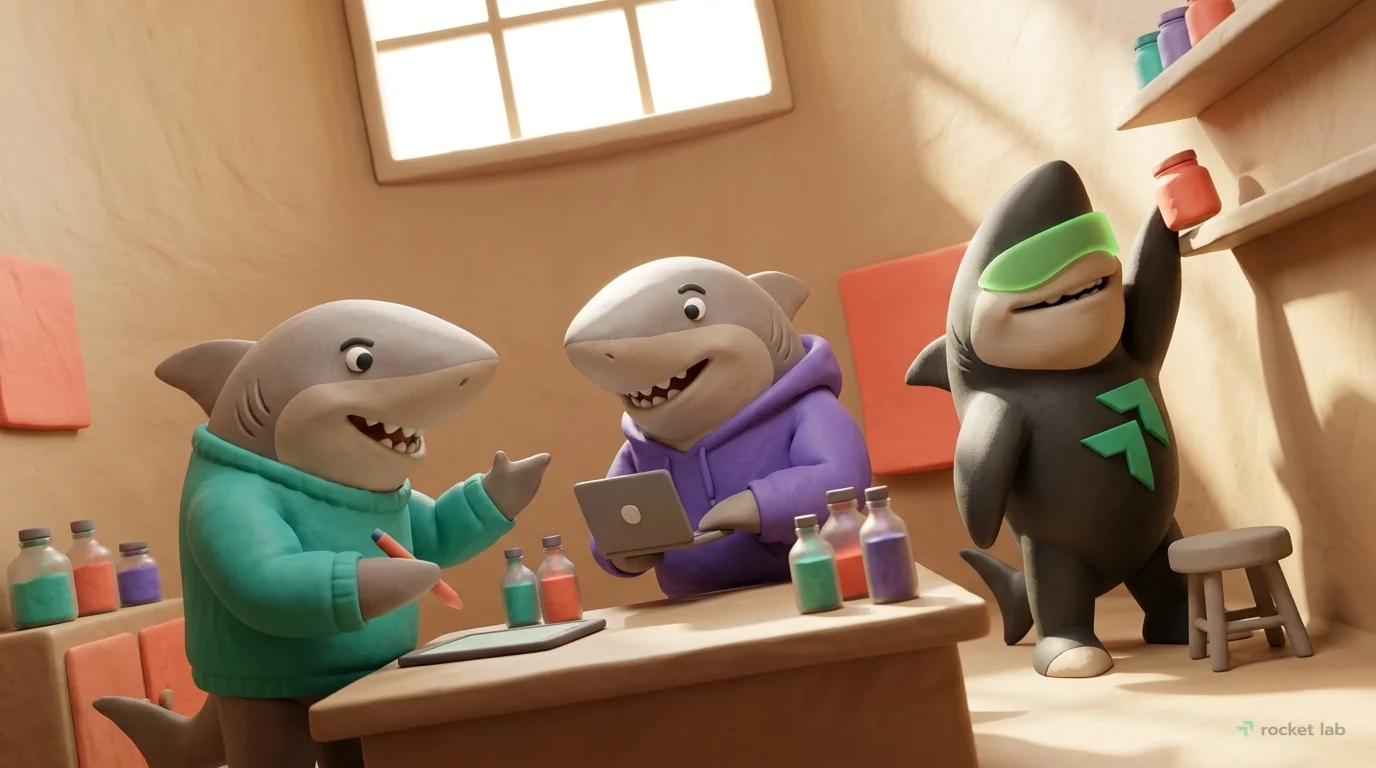 A 3D clay miniature scene set in grain silo converted into a vertical studio. On a clay surface: clay bottles with colorful liquids. Two shark characters in teal and purple outfits collaborate. Visibl