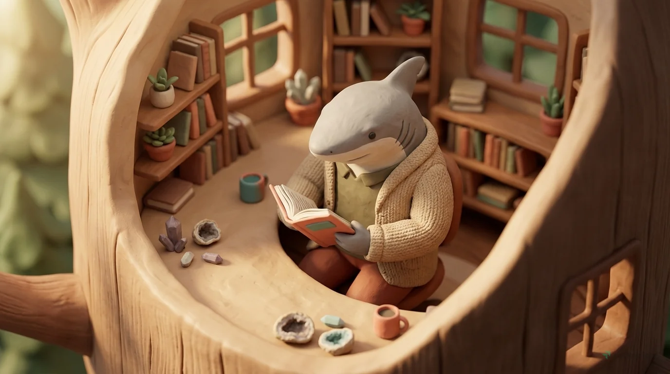 A 3D clay miniature scene set in cozy treehouse library in a forest. On a clay surface: clay crystals and geodes. A shark in a beige cardigan reads a tiny clay manual. Visible clay grain texture, matt