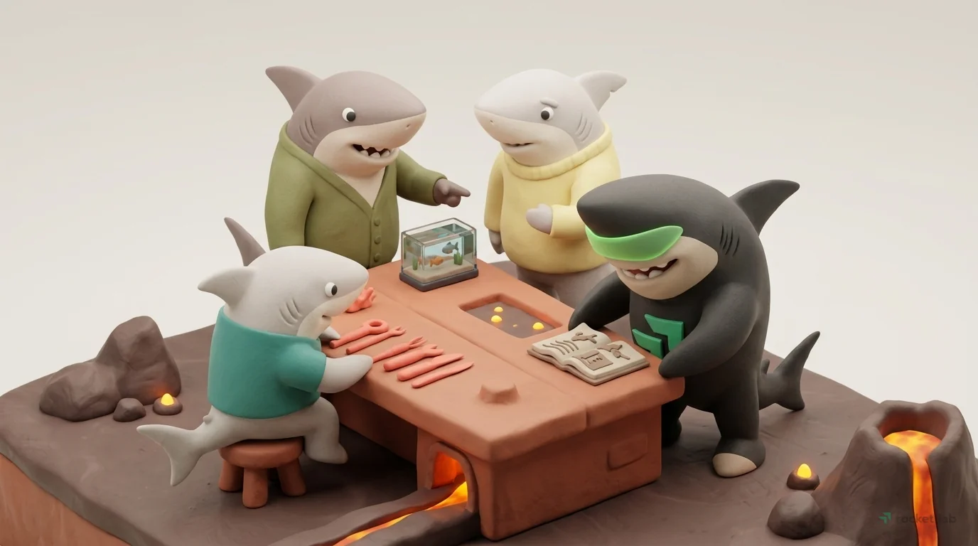 A 3D clay miniature scene set in volcanic island forge with glowing lava accents. On a clay surface: a miniature clay aquarium with fish. A shark in a beige cardigan reads a tiny clay manual. Visible 