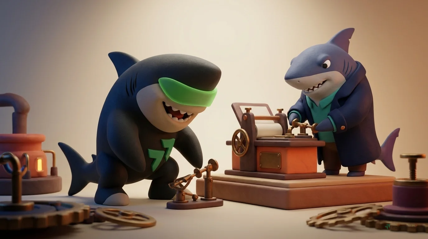 A 3D clay miniature scene set in steampunk clockwork factory floor. On a clay surface: a miniature clay printing press. A shark in a navy coat adjusts instruments carefully. Visible clay grain texture