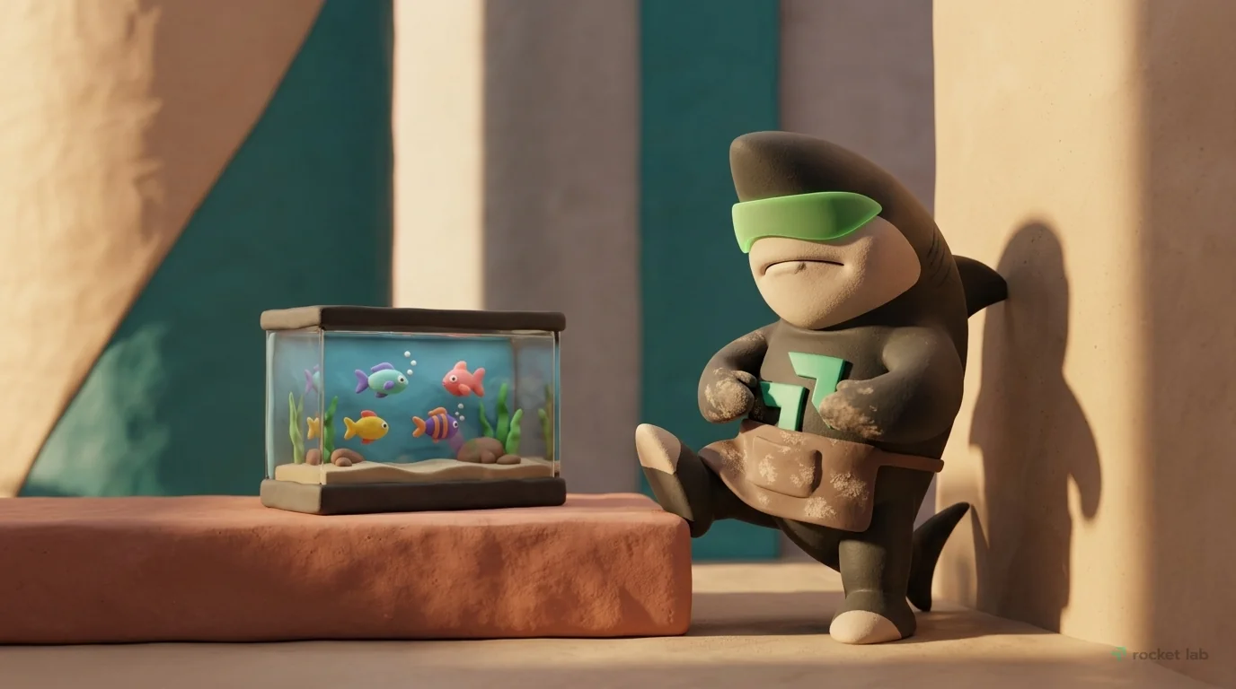 A 3D clay miniature scene set in grain silo converted into a vertical studio. On a clay surface: a miniature clay aquarium with fish. A shark in an apron works with hands covered in clay dust. Visible