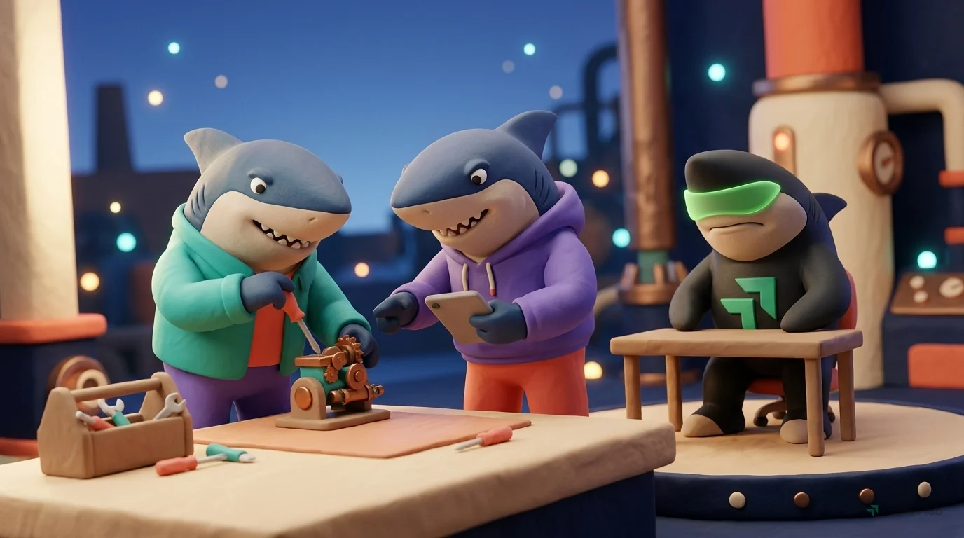 A 3D clay miniature scene set in steampunk clockwork factory floor. On a clay surface: a clay toolbox with tiny instruments. Two shark characters in teal and purple outfits collaborate. Visible clay g