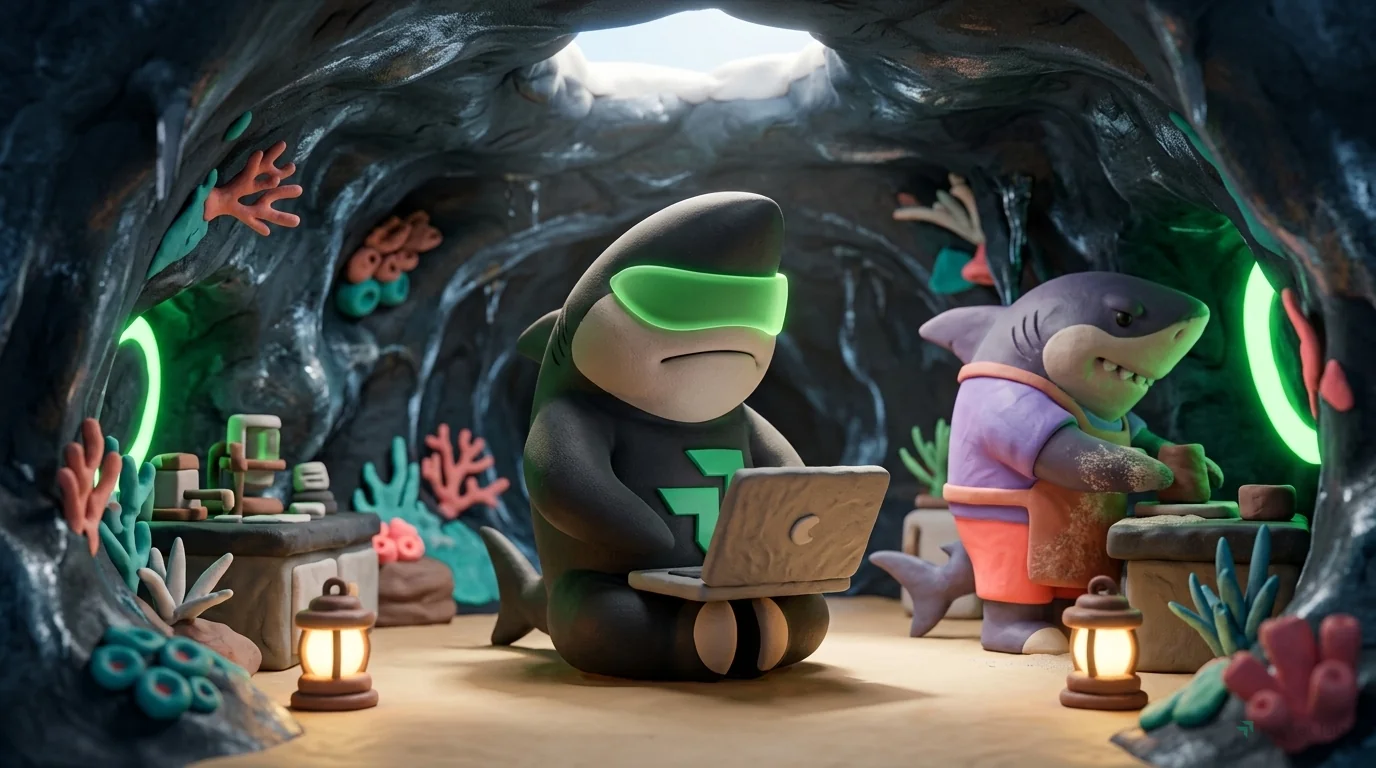 A 3D clay miniature scene set in arctic ice cave research base. On a clay surface: clay lanterns with warm glow. A shark in an apron works with hands covered in clay dust. Visible clay grain texture, 