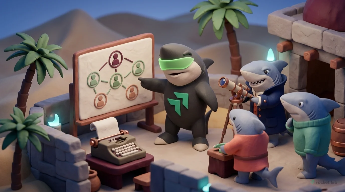A 3D clay miniature scene set in desert oasis trading post. On a clay surface: a clay typewriter with a paper scroll. A shark in a navy coat adjusts instruments carefully. Visible clay grain texture, 