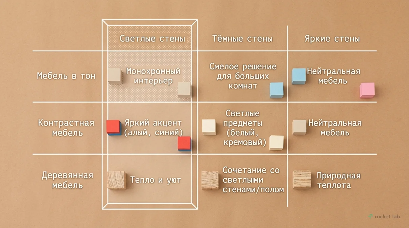 Какого цвета мебель выбрать к разным оттенкам стен
