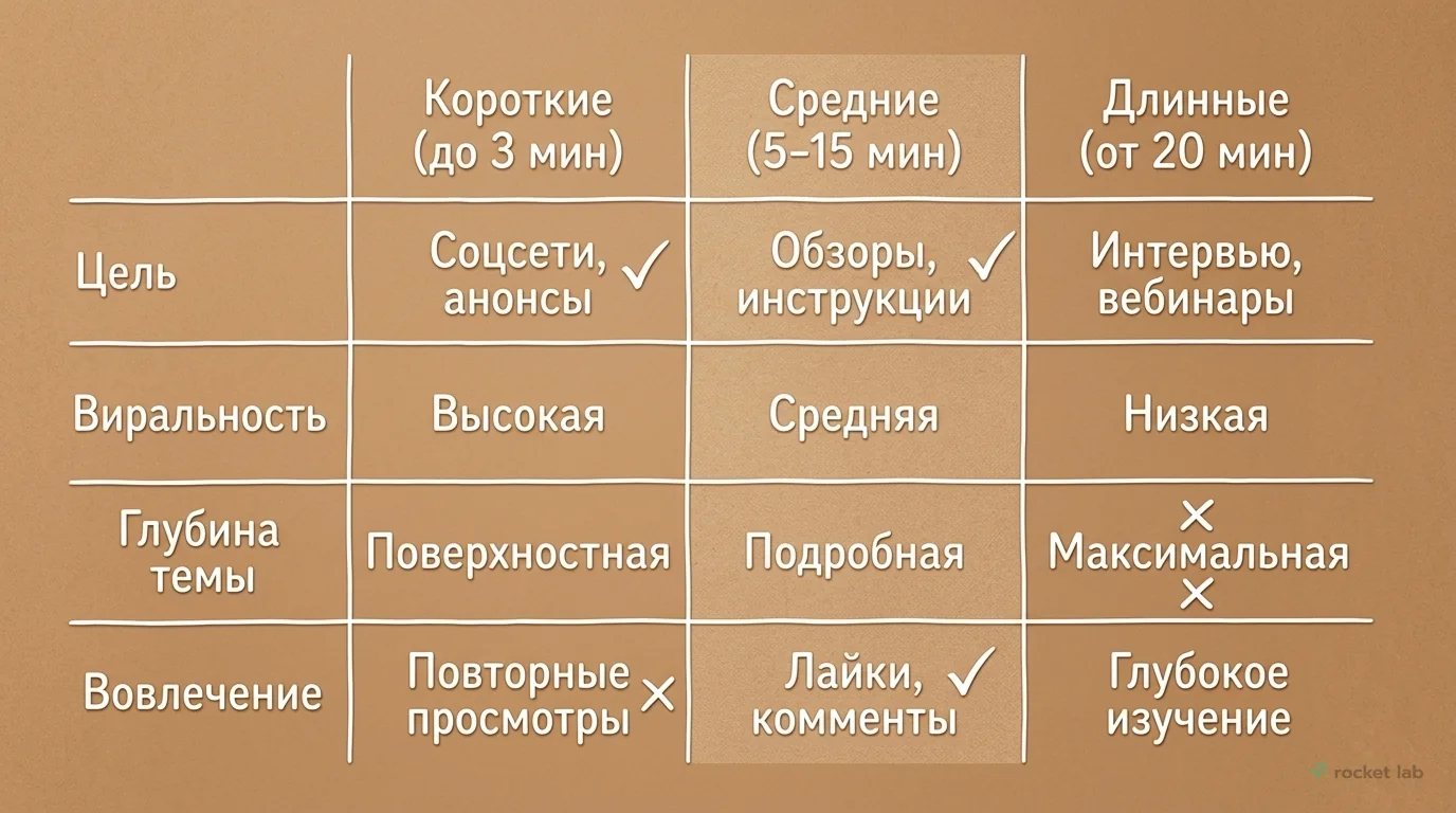 Сравнение оптимальной длительности видео по задачам