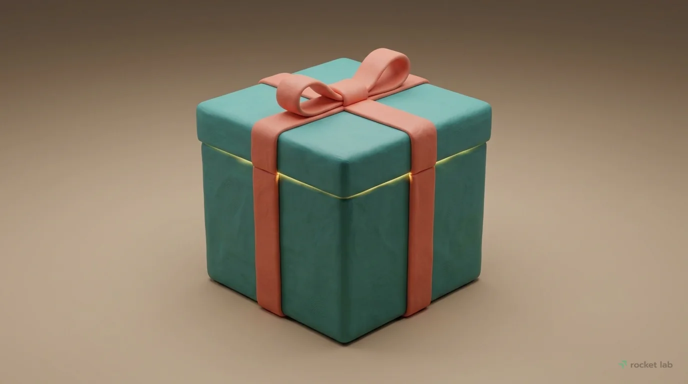 A beautifully crafted clay mystery box sits alone on a smooth, beige clay surface. The box is a simple cube in a matte teal color, sealed with a soft coral ribbon tied in a neat bow. From the seams of