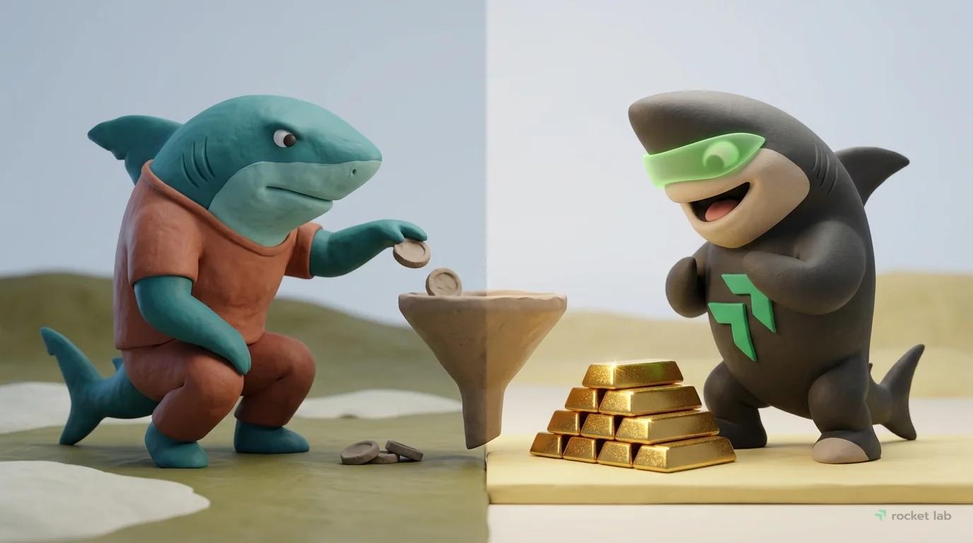 A clay scene sharply divided in the middle. On the left, under cool, dramatic side lighting, a generic teal shark character drops a few rough, matte clay coins into a simple clay funnel. The mood is u