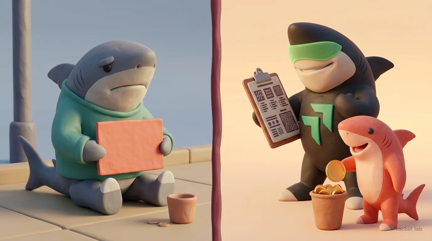 A claymation scene divided in two by a soft, vertical clay boundary. On the left, a forlorn gray shark sits on a beige pavement, holding a plain, blank coral sign. In front of him is a small clay cup 