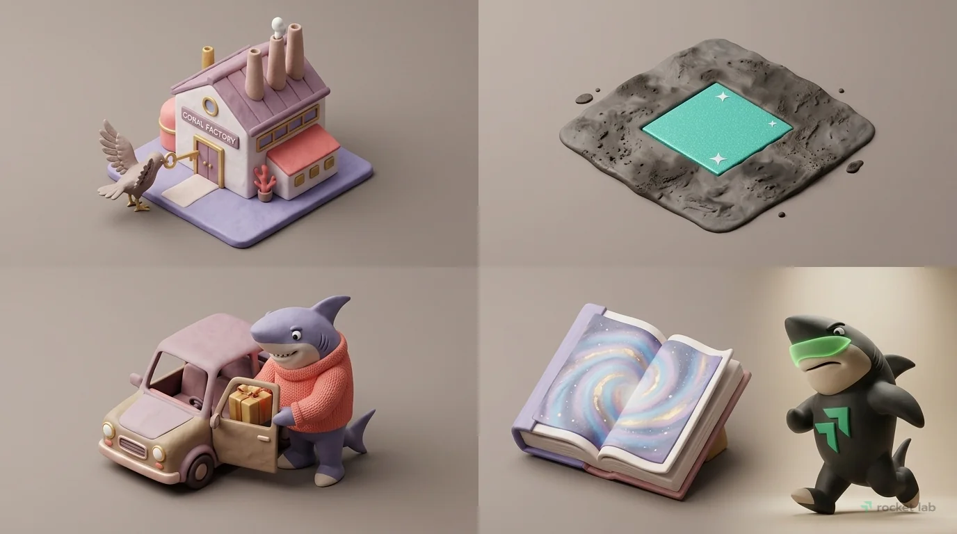 A collection of four unique clay miniatures arranged in a 2x2 grid on a neutral background, viewed from a three-quarter angle. Each diorama represents a different unconventional marketing example, lit
