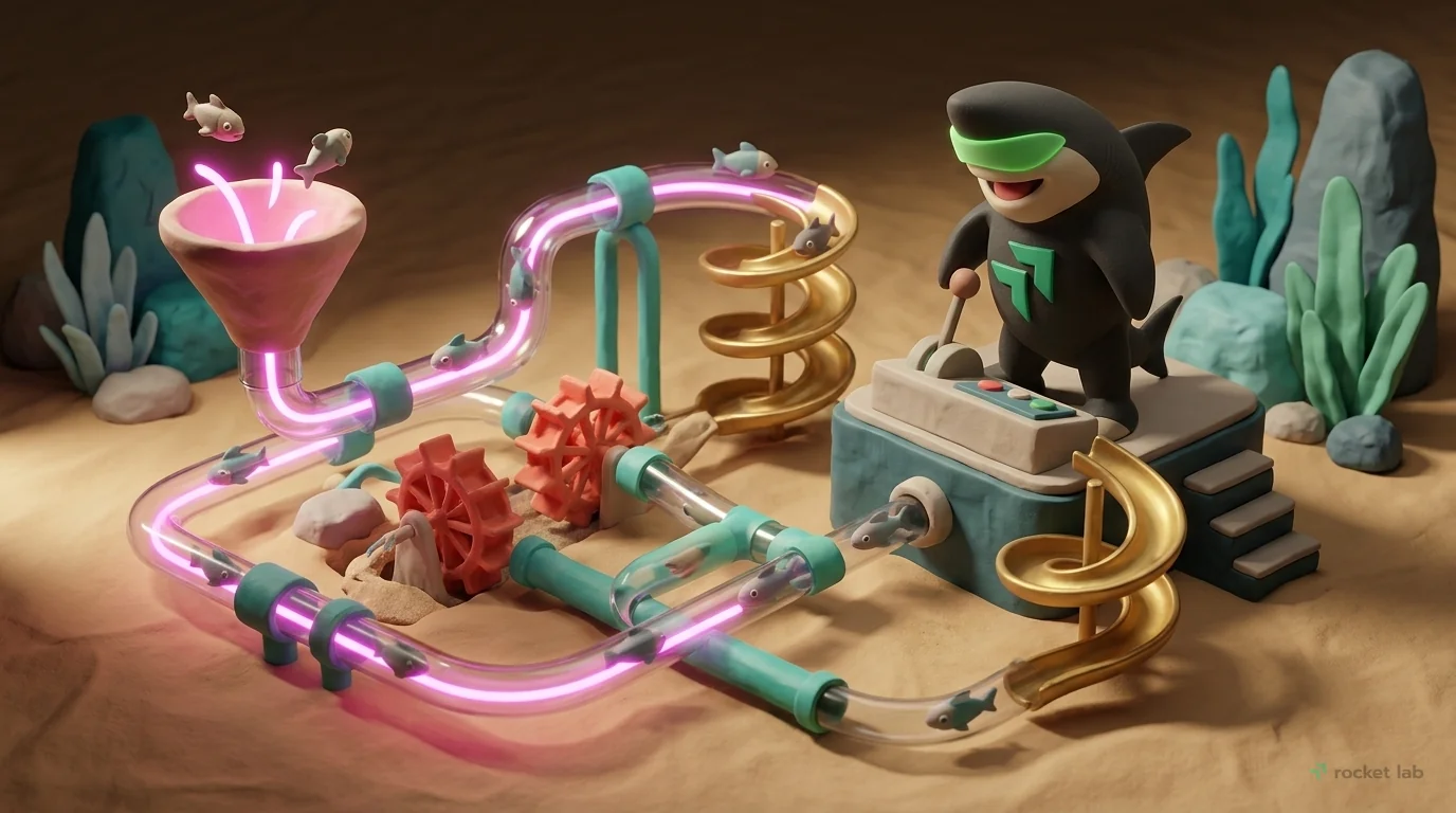 A complex, whimsical clay machine representing a SaaS acquisition funnel. The scene is a miniature world where small, stylized clay fish (leads) travel along an elaborate path of teal tubes, coral wat