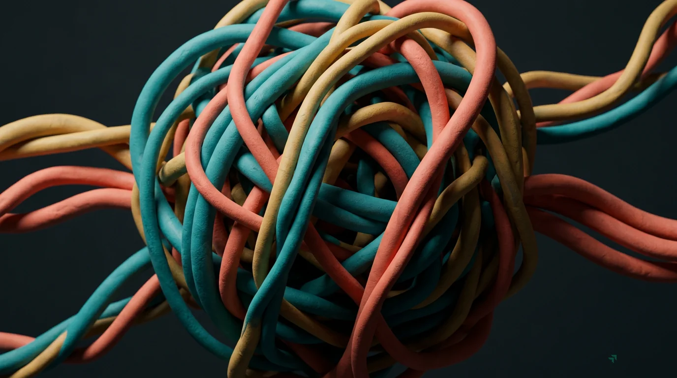 A disorienting macro shot of a single, complex knot of clay data cables, representing SEO mistakes that halt progress. The cables, in intertwined shades of teal, coral, and faded gold, are tangled int