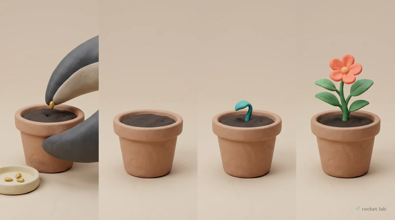 A four-panel progression showing the patient growth of an SEO investment, rendered in soft clay. The scene begins with a close-up of clay shark fins carefully planting a tiny golden seed in a pot of d