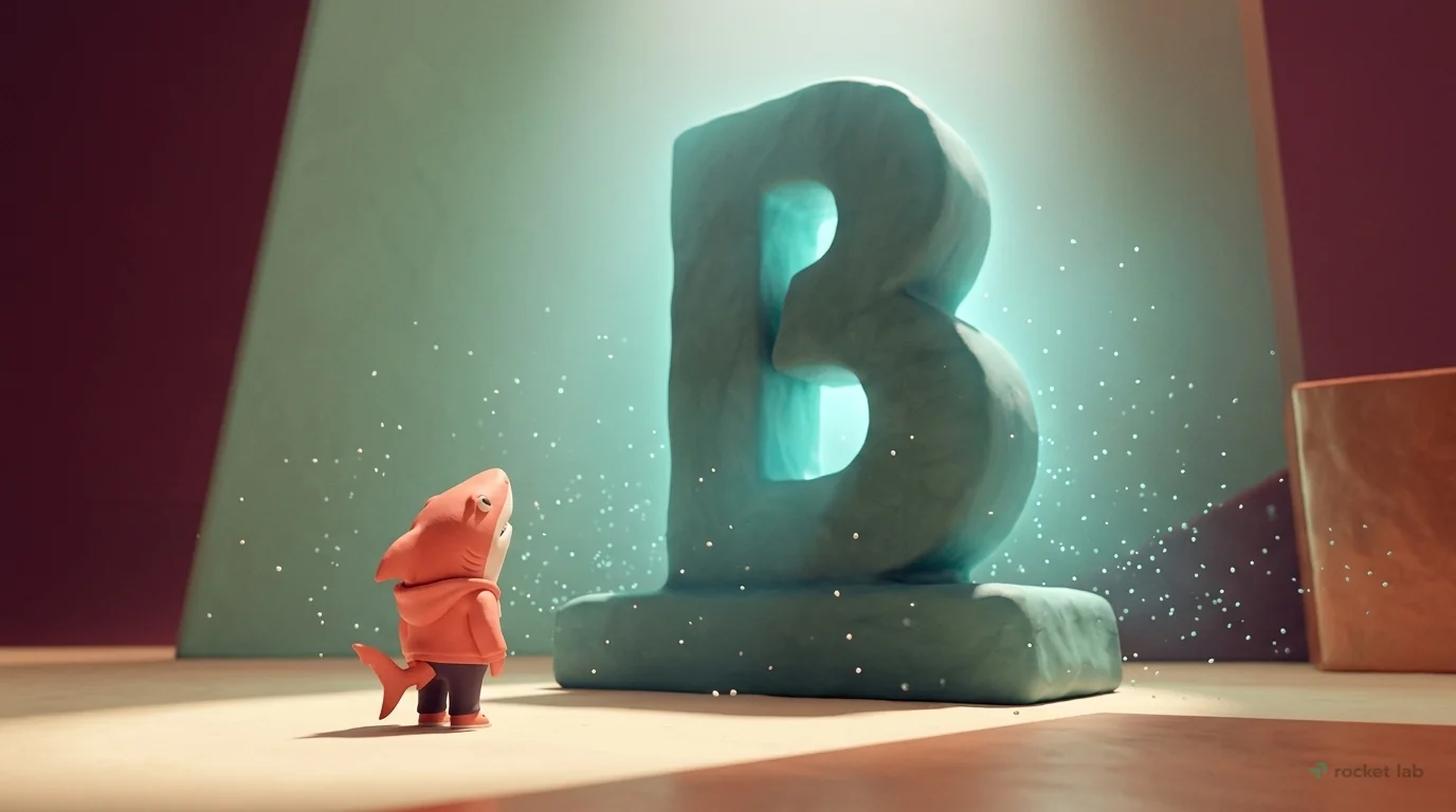 A powerful low-angle shot focusing on a tiny, generic coral-colored shark character looking up in awe. The shark is dwarfed by a massive, abstractly sculpted clay monument that represents the brand. T
