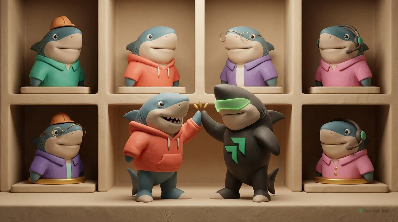 A scene depicting audience segmentation. On minimalist beige clay shelves, several distinct anthropomorphic shark busts are arranged in a neat grid. Each bust is crafted from a different shade of clay