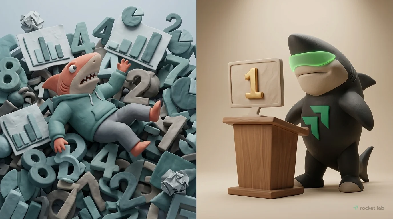 A split-diptych composition contrasts two scenes side-by-side. On the left, under harsh, cool overcast lighting, a confused coral shark is sinking into a messy pile of jumbled clay numbers, charts, an