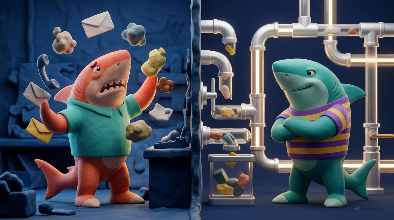 A split-screen scene contrasting manual work with marketing automation. A stark clay line divides the frame. On the left, a frantic coral-colored shark juggles multiple objects: a phone, letters, and
