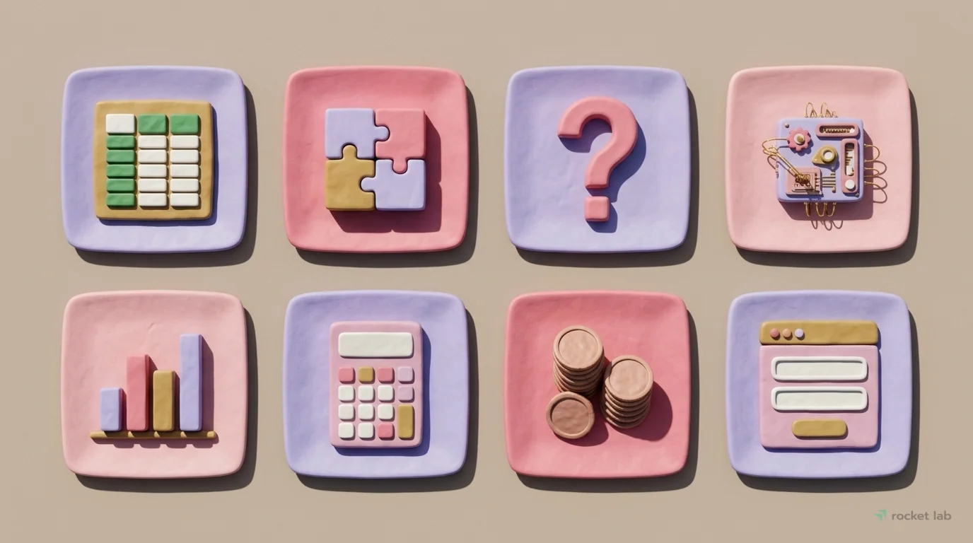 A top-down bird's-eye view shows a collection of eight distinct clay squares arranged in a grid on a neutral beige surface. Each square contains a miniature, symbolic representation of a tool for crea