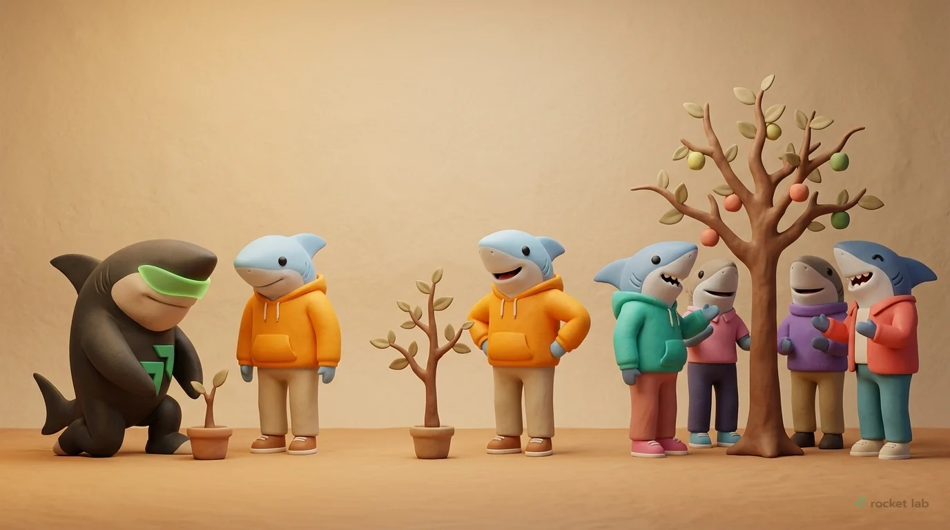 A wide clay scene depicting a three-stage progression from left to right under a warm, golden light. Stage one shows the Rocket-shark mascot carefully tending to a single, small clay sapling for one c