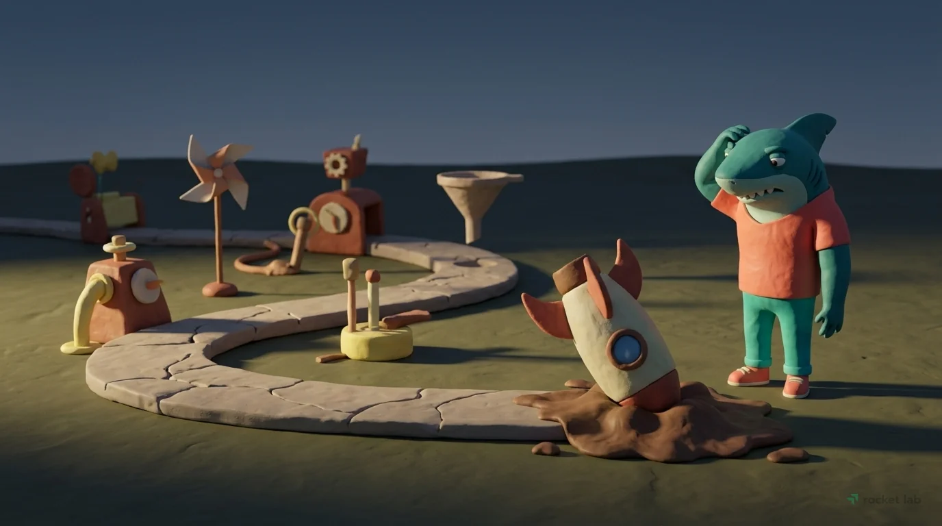 A wide, low-angle shot of a failed clay contraption set against a dim twilight sky. A winding, cracked clay path represents a flawed strategy. Along the path are several mismatched, creative-looking b