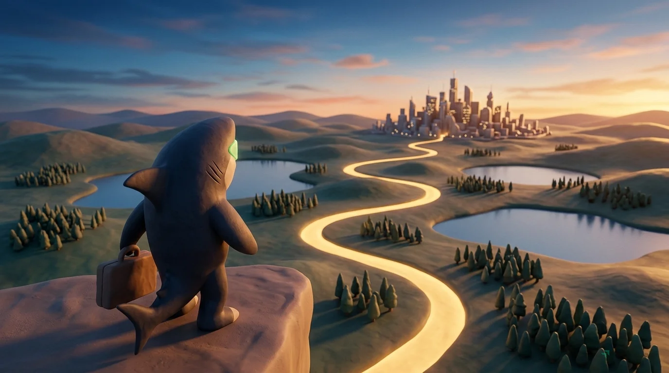 An extreme wide shot from over the shoulder of the Rocket-shark mascot, who stands on a high clay precipice. Below, a vast miniature landscape unfolds under a twilight sky mixing deep blues and soft c
