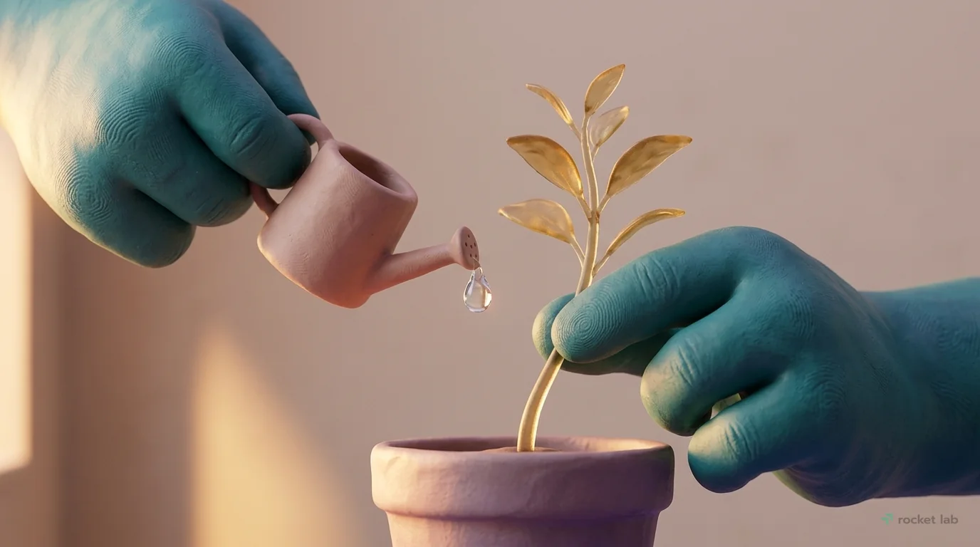 An intimate scene focused on customer retention. A pair of teal clay shark hands is shown carefully tending to a small, delicate plant sprouting from a pot. The plant's leaves are made of translucent