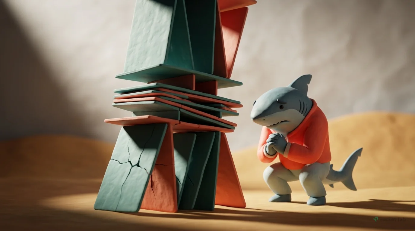 An intimate still-life scene focused on impending failure. From a tense low angle, a close-up reveals a tall, teetering tower built from thin, rectangular clay 'cards' in muted teal and coral. This st