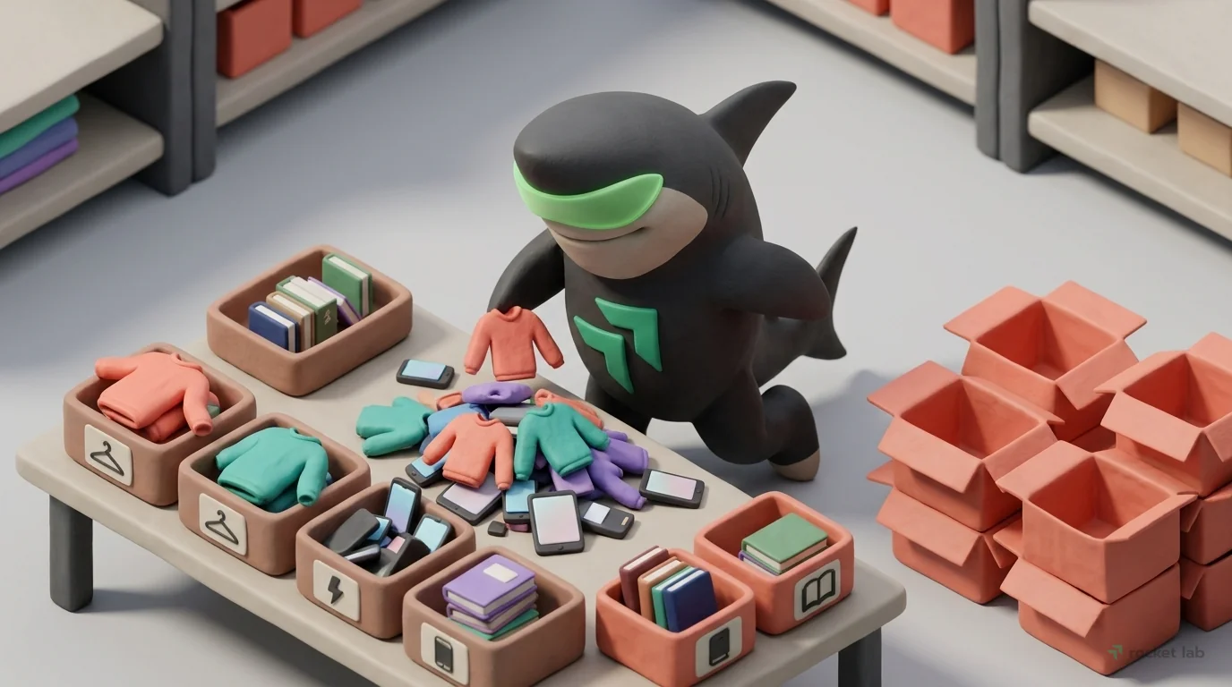 An isometric, bird's-eye view of a miniature clay workshop. The scene is clean and organized. The protagonist, a focused black mascot shark with a green visor, meticulously sorts a pile of colorful de