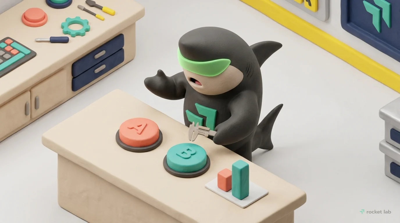 An isometric, high-angle view of a pristine clay laboratory. The Rocket-shark mascot, a black shark with a green visor, meticulously works at a clean, beige workbench. The scene is brightly lit with s