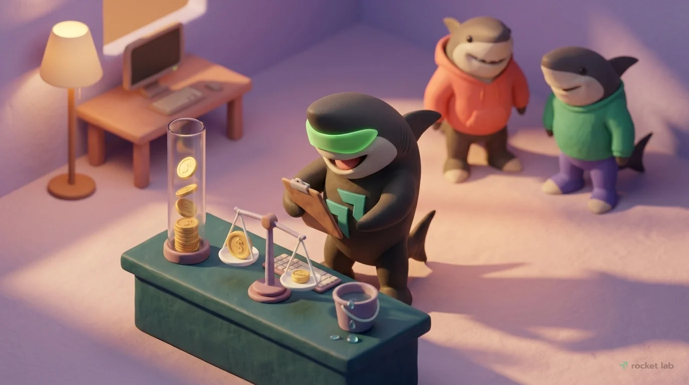 An isometric view of a miniature SaaS command center, symbolizing metric tracking. The Rocket-shark mascot stands at a central console made of dark teal clay. The console features various interactive
