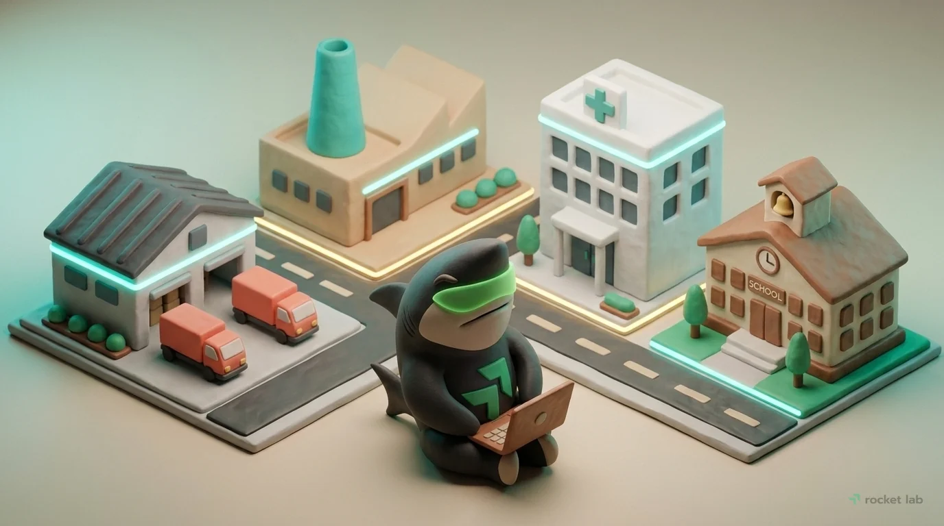 An isometric view, tilted with a slight dutch angle, showcases a miniature city block made entirely of soft clay. The scene depicts four different business niches. There's a small logistics warehouse