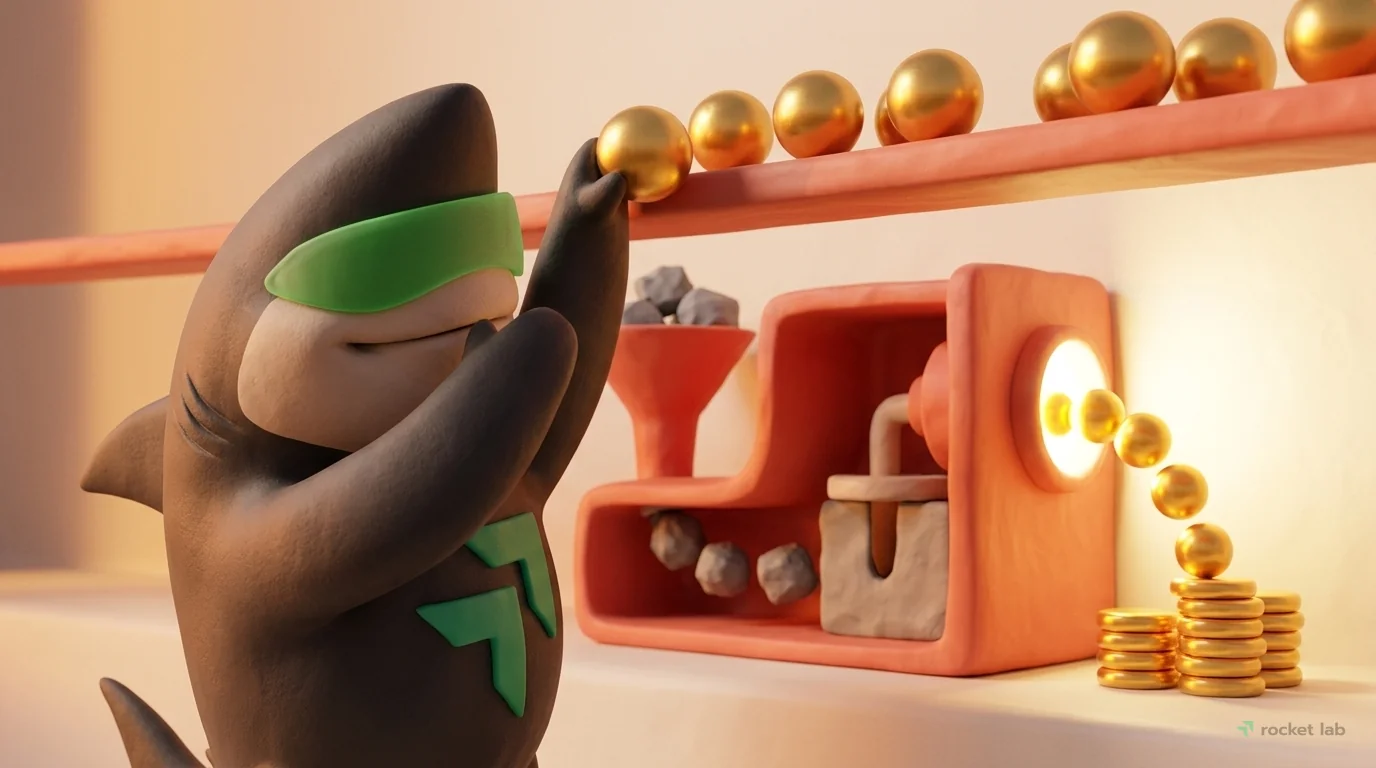 In a medium-close shot at eye-level, the Rocket-shark mascot demonstrates the value of automation. The scene features a whimsical coral-colored clay machine shown in cross-section. The mascot feeds ro