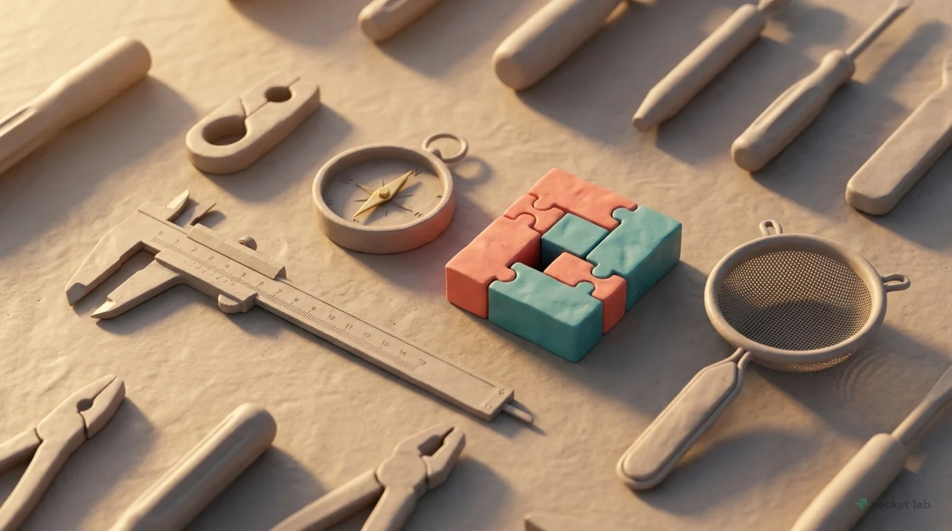 This is a character-free still-life scene. A close-up, three-quarter view of a clean clay workbench where a collection of specialized miniature tools is arranged in a neat grid. Each tool, made of cla