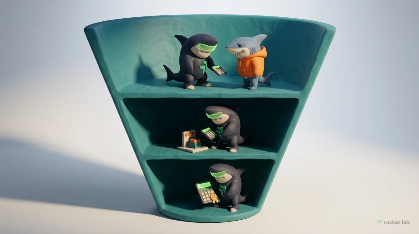 This scene presents a cross-section of a large, cone-shaped sales funnel made of teal clay. The three-quarter view reveals three distinct inner levels. On the top level ('qualification'), the Rocket-s
